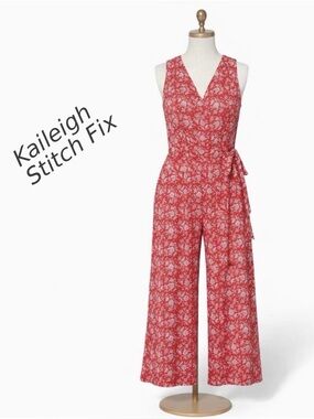 Kaileigh Red Floral Cropped Wide Leg Jumpsuit Belted Waist Sleeveless. Sz L.